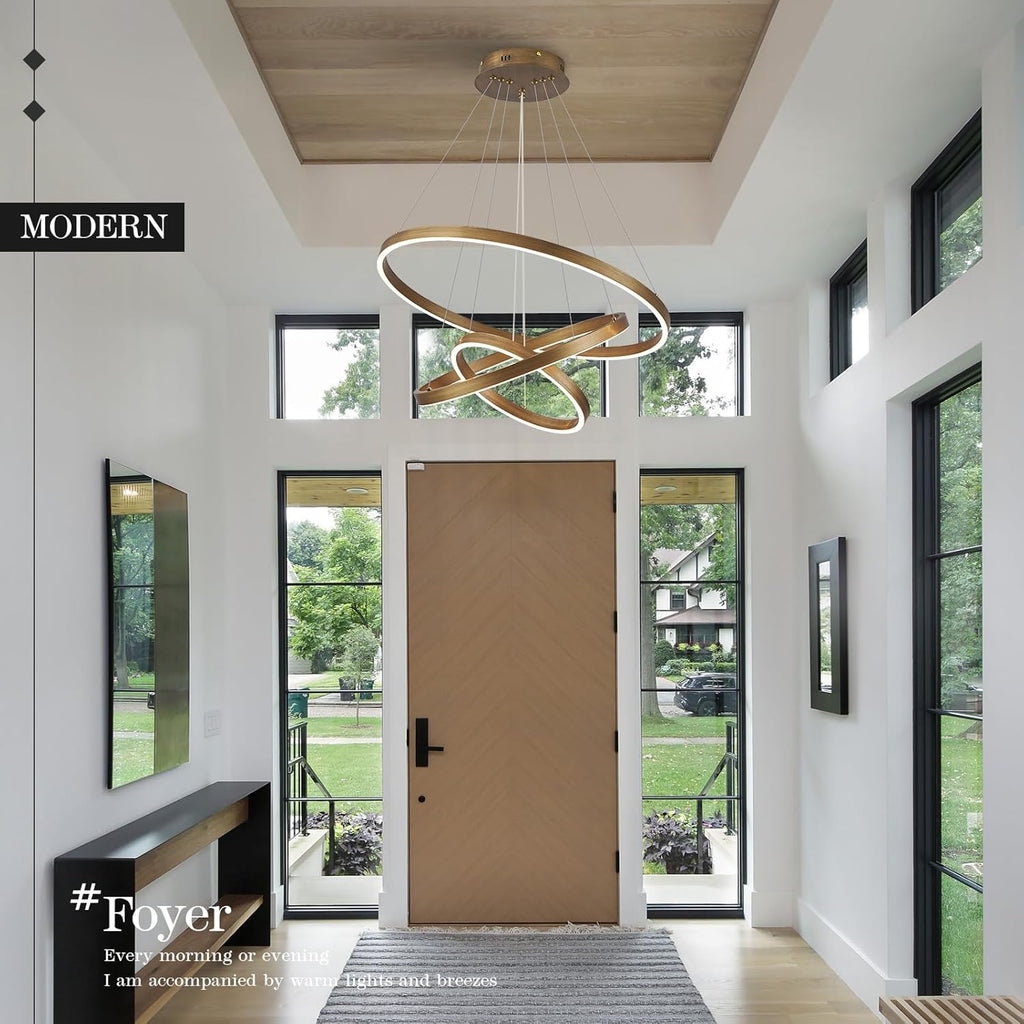 LED 3-Ring Chandelier Gold Dimmable Modern Pendant Light with Remote Control Vintage Brass LED Circle Chandelier for Dining Room Entry Foyer Bedroom Living Room,75W