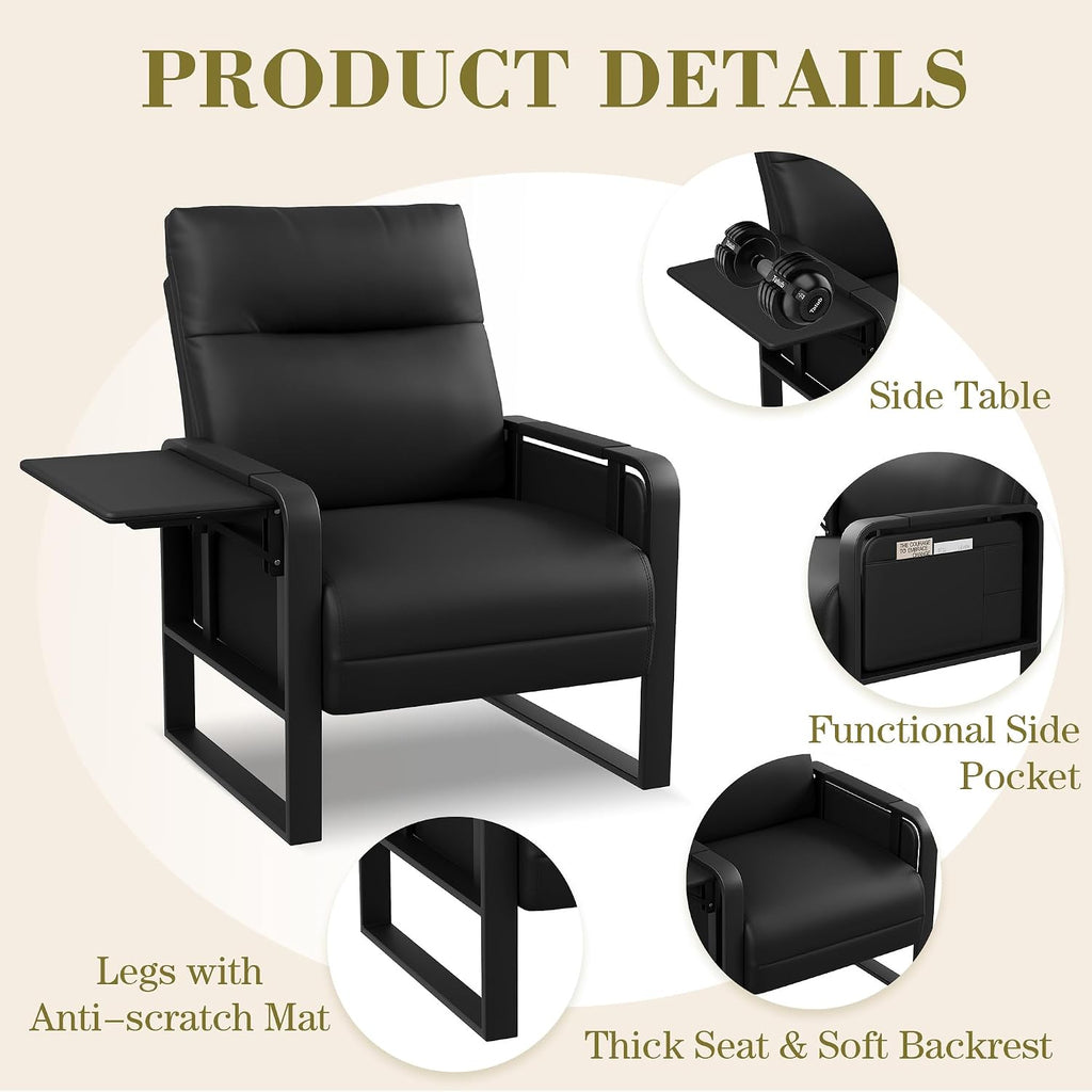 Black PU Leather Accent Chair Upholstered Armchair with Side Table