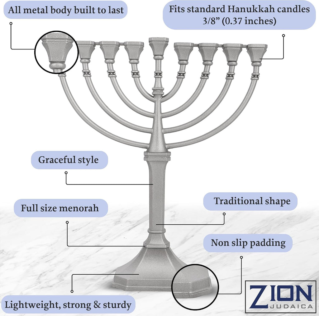 Traditional Classic Hanukkah - 9.5" Tall Graceful Style Candle Minorah Precision Die Cast Non Tarnish (Satin Silver)