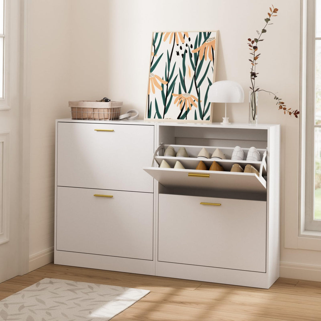 Modern Entryway Shoe Cabinet with 2 Flip Drawers and Top Display, White丨Free Standing Tipping Bucket Shoe Rack