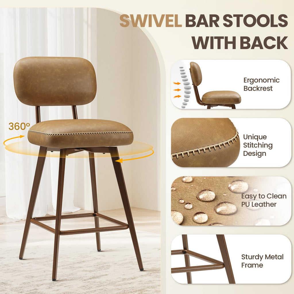26" PU Leather Swivel Bar Stools Set of 6, Mid Century Counter Height Bar Chairs with Low Back and Metal Legs, Modern
