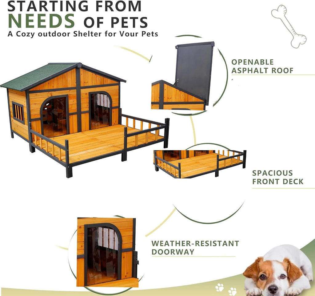 Double Dog House for 2 Dogs, Weatherproof Outdoor Wooden Dog House