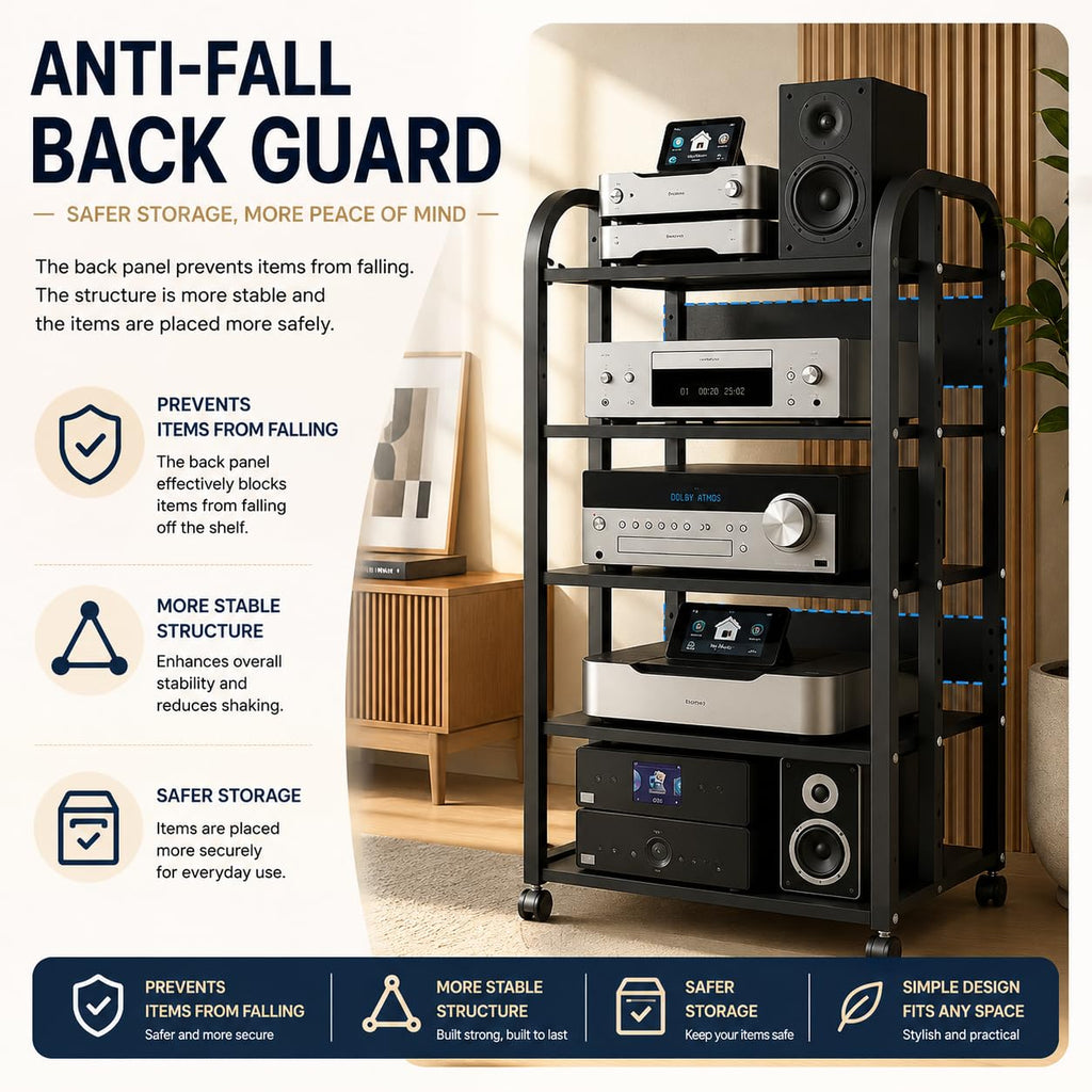 5 Tier Av Media Stand with Wheels, 39in Adjustable Audio Rack