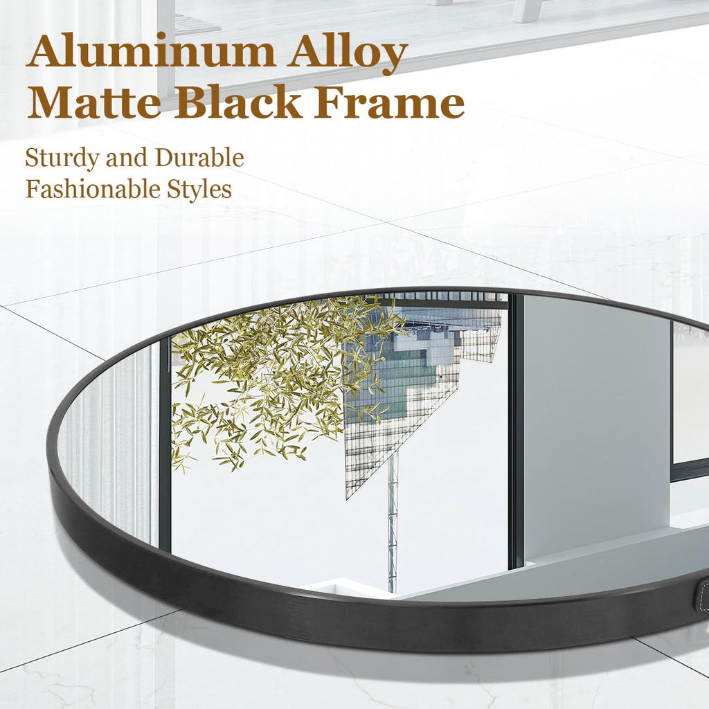 Hanging Strap Wall Mirror: 23.6" Round Bathroom Mirror Black Frame