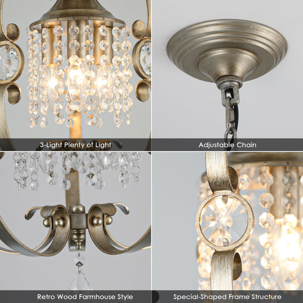 Antique Silver K9 Crystal Chandelier, 3-Light 14 Inch Rustic Flush Mount Ceiling Light Fixture, Vintage Bronze