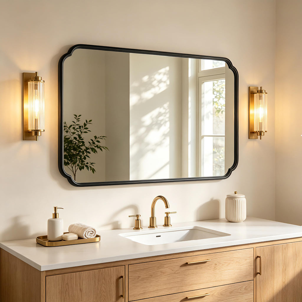 Matte Black Bathroom Mirror 55×36 Inch, Large Rounded Rectangle Metal Framed Wall Mount Vanity Mirror, Farmhouse