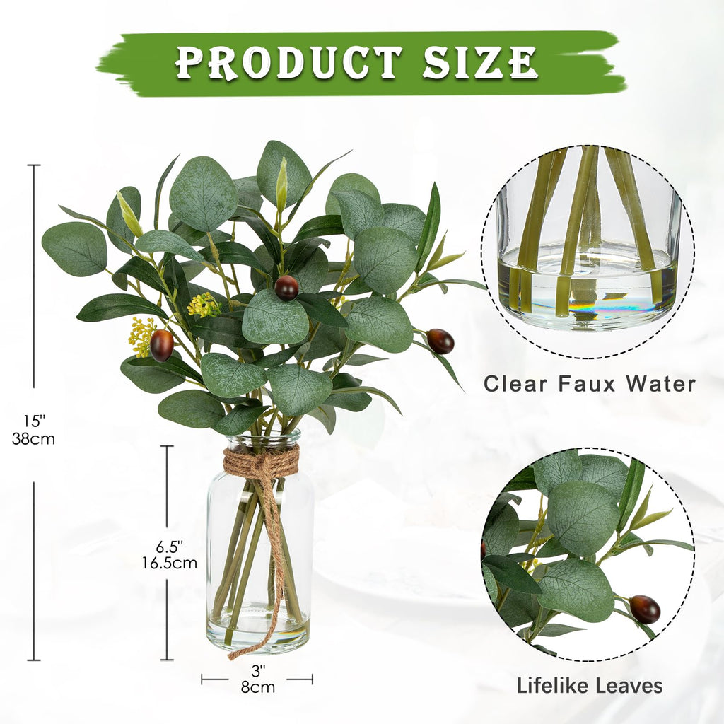 Artificial Eucalyptus Stems Fake Plants in Glass Vase with Faux Water