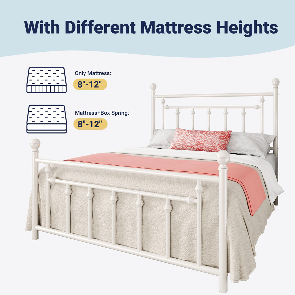 14'' Metal Platform Bed Frame, Vintage Headboard, White