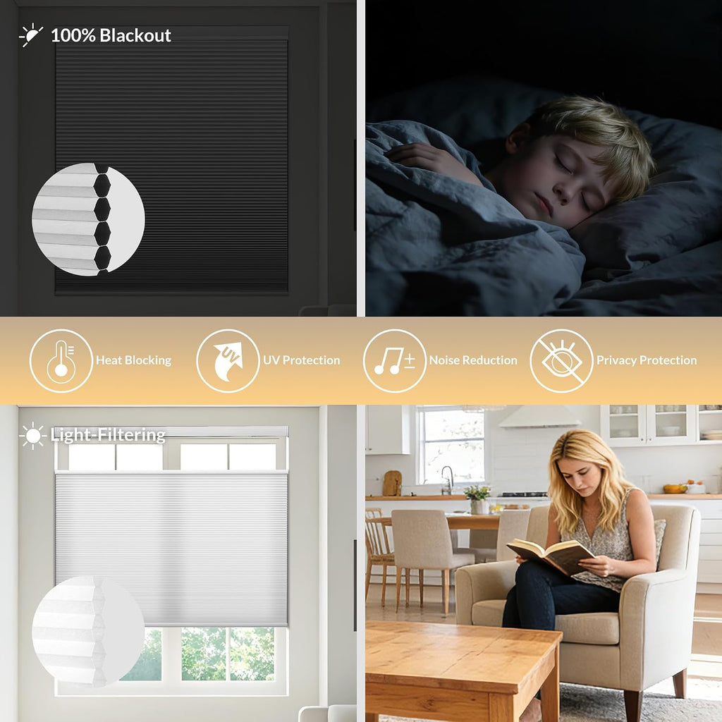 Top Down Bottom Up Cordless Cellular Shades,White, | Pull Down Honeycomb Blinds with Room Darkening Design, Light