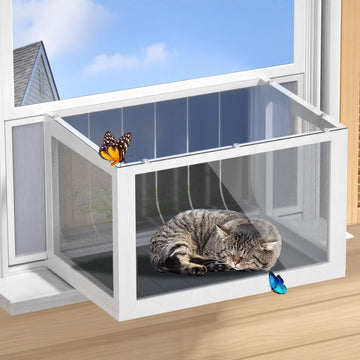 Cat Window Box Catio, Outdoor Indoor Cat Enclosure with Clear Panels, Mesh Sides & PVC Curtain, Universal Window