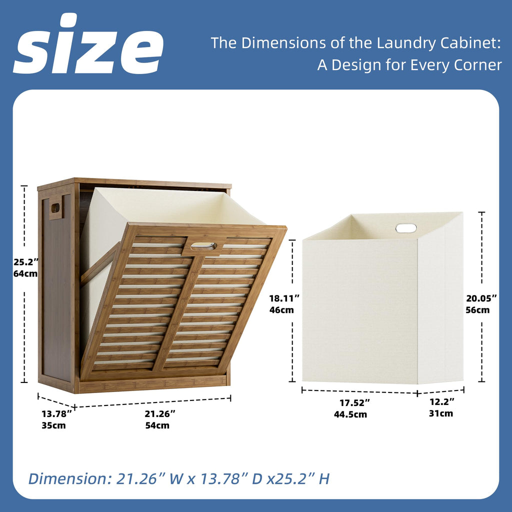 Bamboo Tilt Out Laundry Hamper, Bathroom Storage Cabinet with Hidden Removable Basket and 3 Sides Cutout Handles