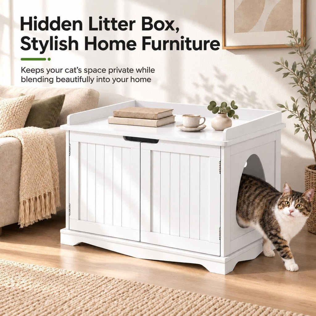 Hidden Cat Litter Box Enclosure Furniture, White Side Table