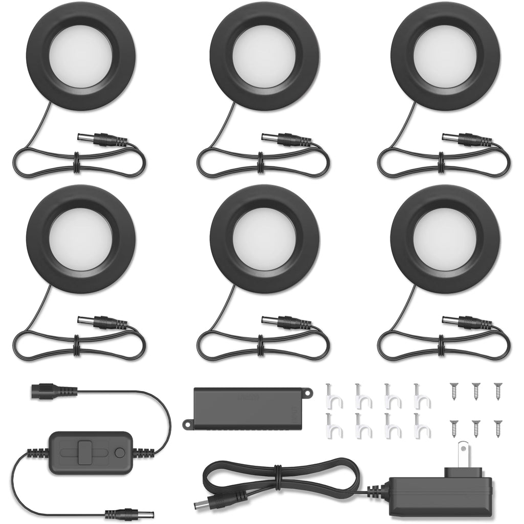 LED Puck Light Kit, 6-Pack, Plug-in, 3000K, Black