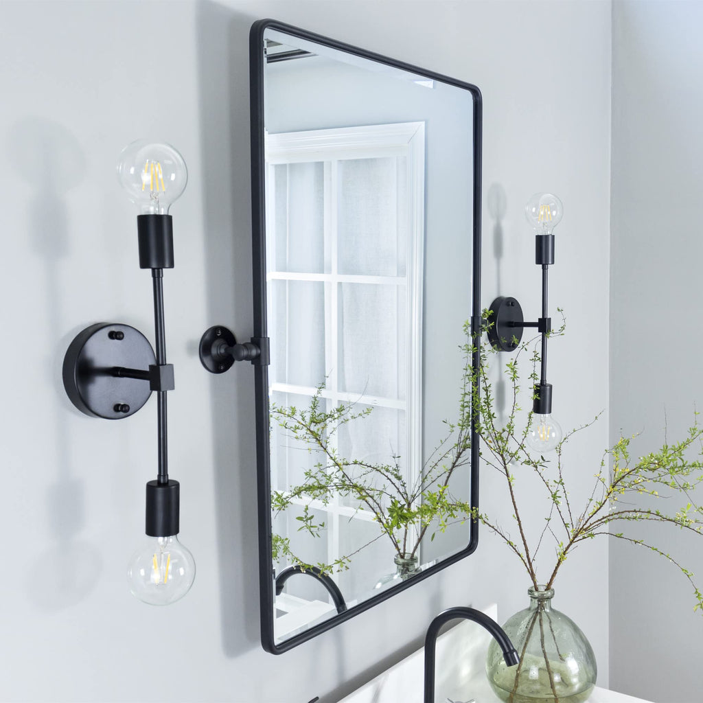 Matt Black Pivot Rectangle Bathroom Vanity Mirrror Farmhouse Tiltable Rounded Metal Framed Pivoting Bathroom Mirror