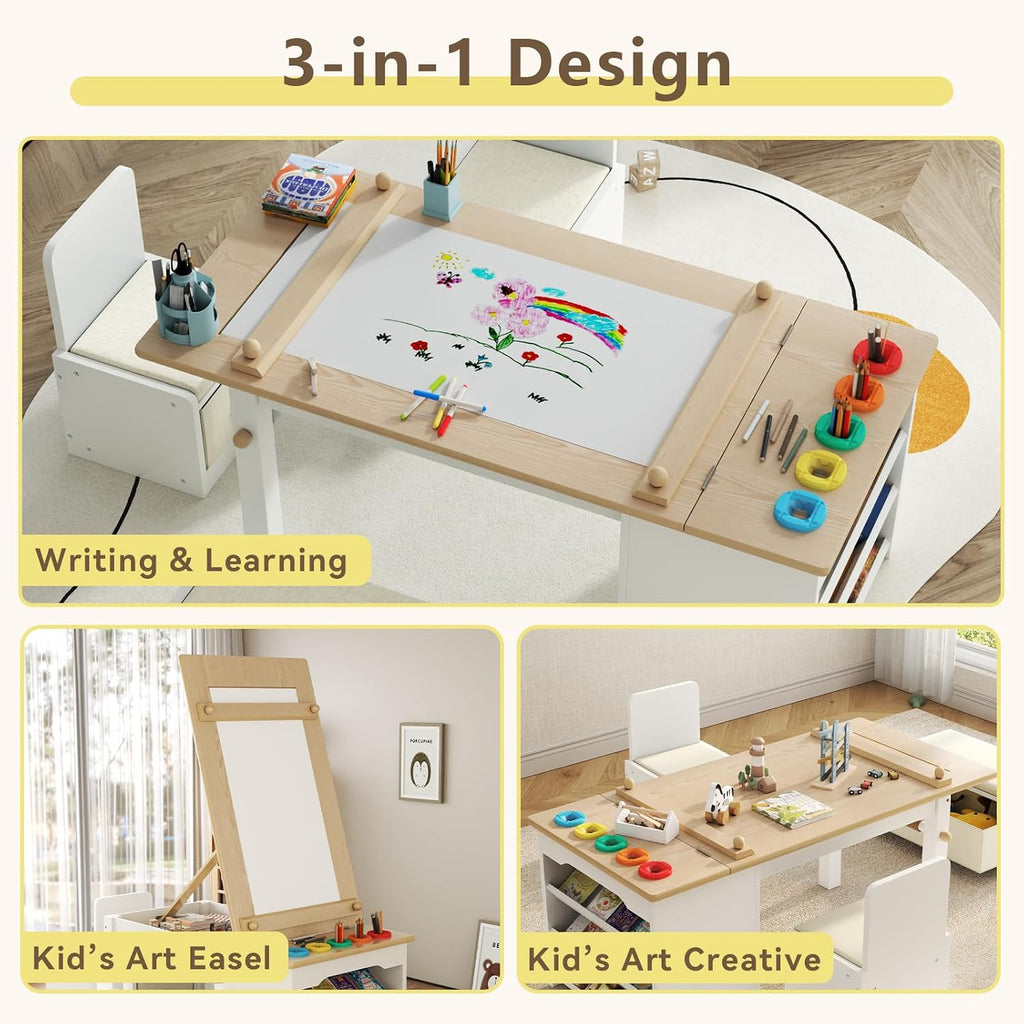 3 in 1 Kids Art Table and Chair Set, Art Desk & Easel with Storage Drawers