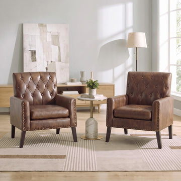 Faux Leather Accent Chair, Modern Upholstered Armchair with Button Tufted Back, Mid Century Comfy Club Chair - Set of 2