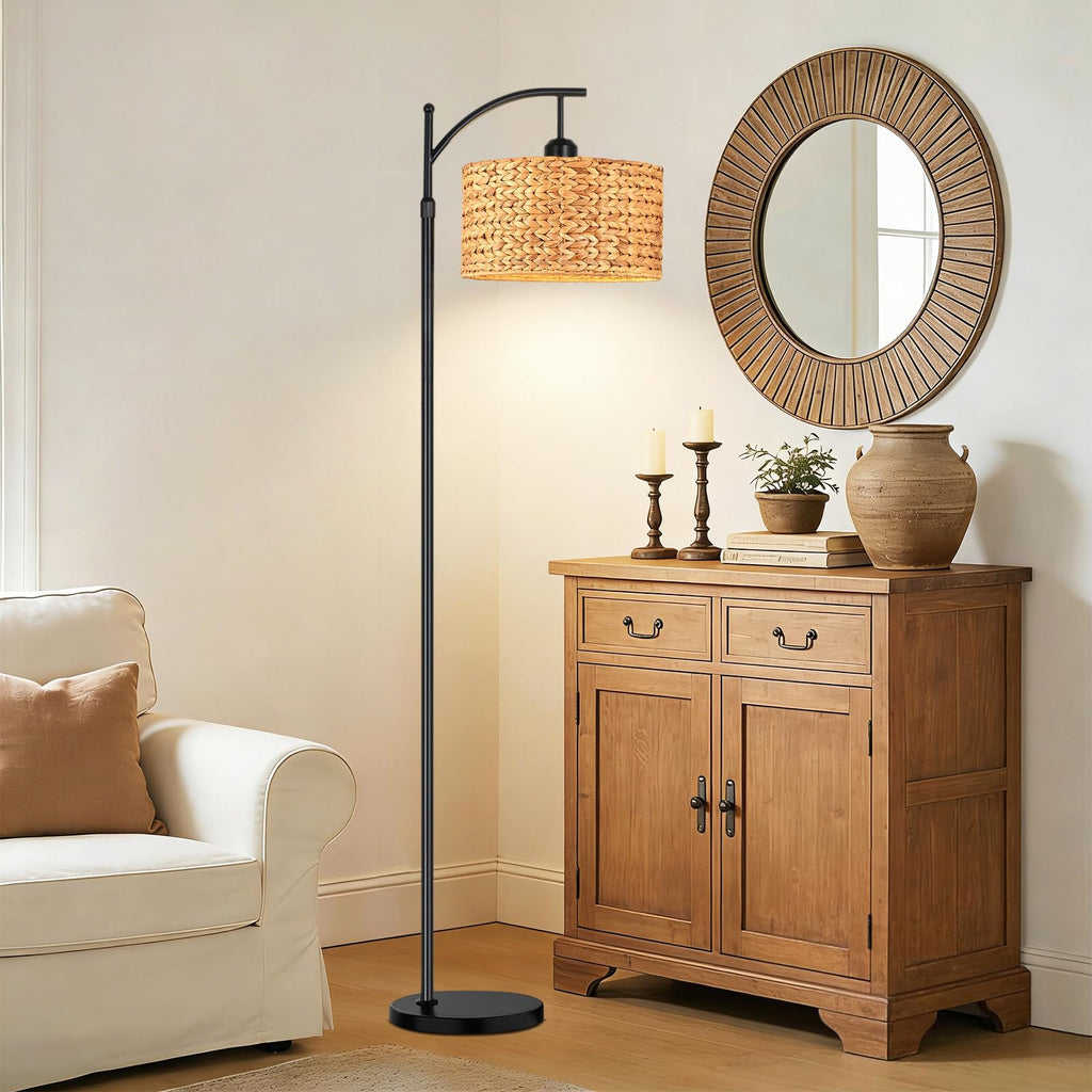 Floor Lamp Bedroom Farmhouse Arc Rattan Boho Standing Lamp with Remote Dimmable Black Wicker Bamboo Lamp Shade Floor