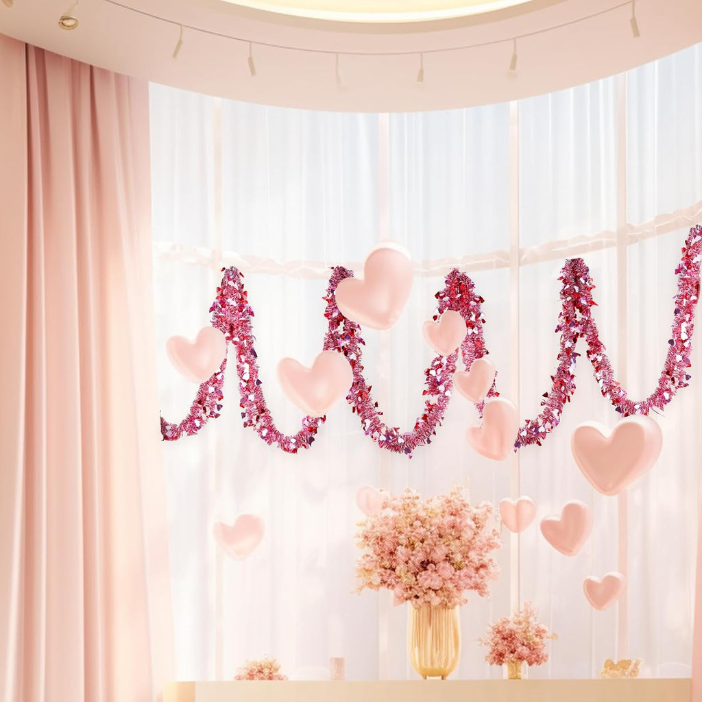 Valentines Garland Decor,50Ft Glitter Tinsel Heart Garland Decorations for Tree Mantle Bedroom Office Classroom Party - Set of 50