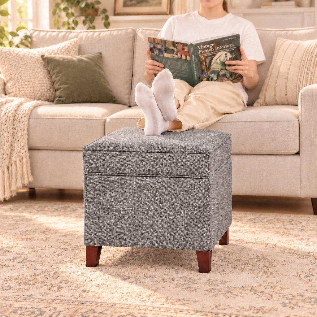 Linen Storage Ottoman with Wooden Legs, 17" Square Upholstered Flip-Top Footrest Stool, Extra Seat or Coffee Table