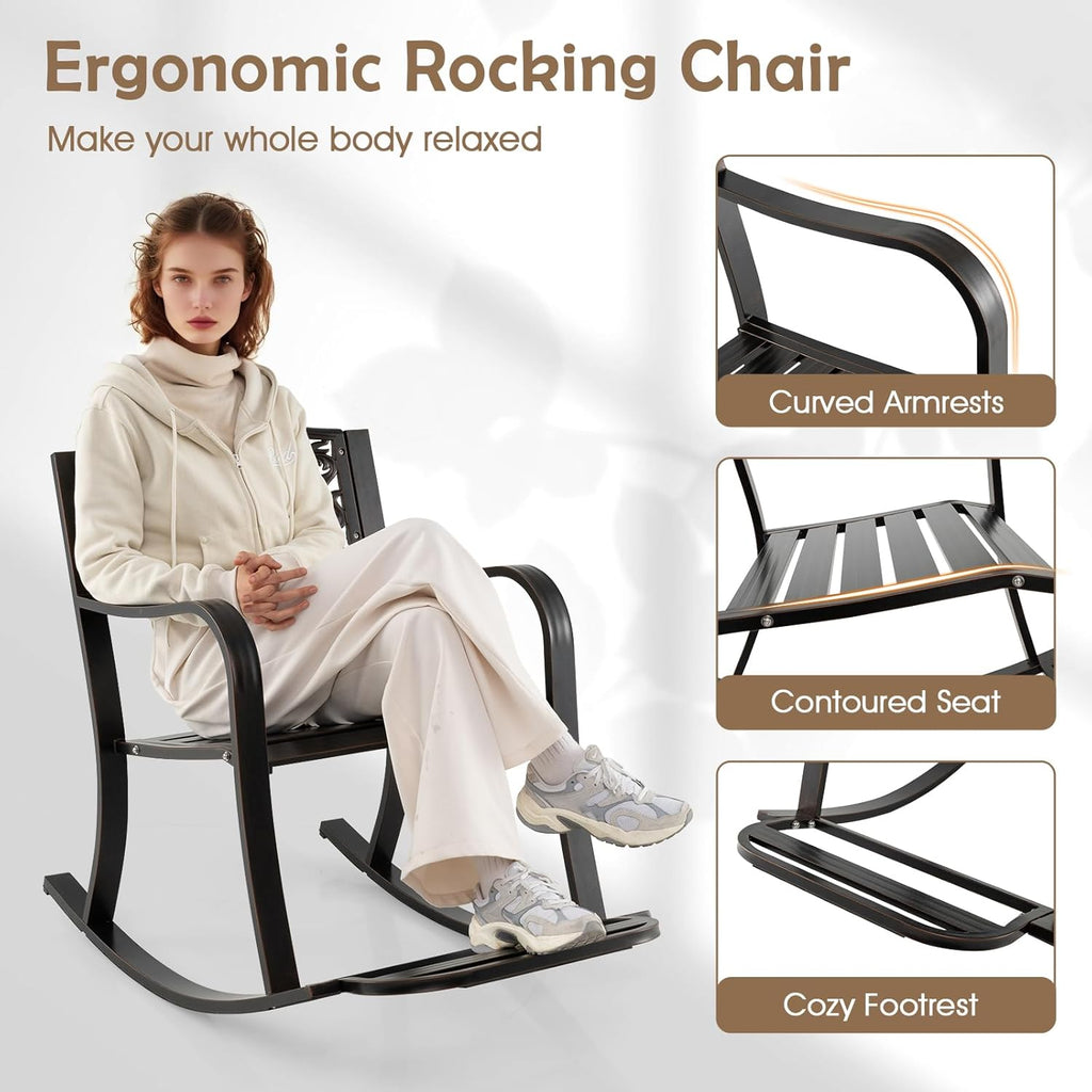 Patio Rocking Chair, Outdoor Cast Aluminum Rocker w/Footrest, Backrest & Curved Armrests, Heavy-Duty Metal Classic