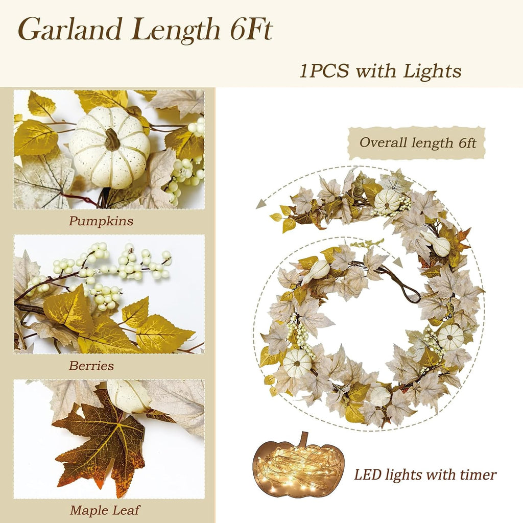 Fall Decorations 6Ft Fall Garland with Lights, Fake Pumpkin Berry Autumn Maple Leaves Garland for Mantle Halloween