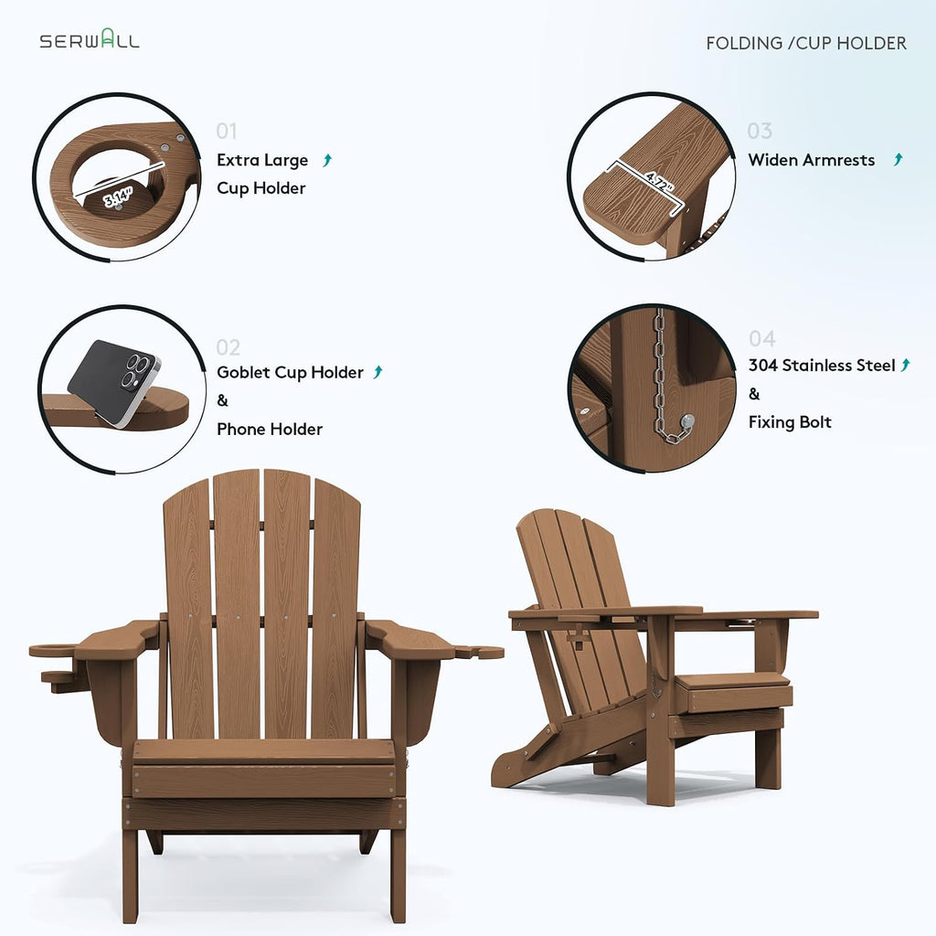 Outdoor Adirondack Chair Set of 2 with 2 Cup Holders,Foldable,Brown | HDPE Composite,Waterproof,Wood Grain,Cup &