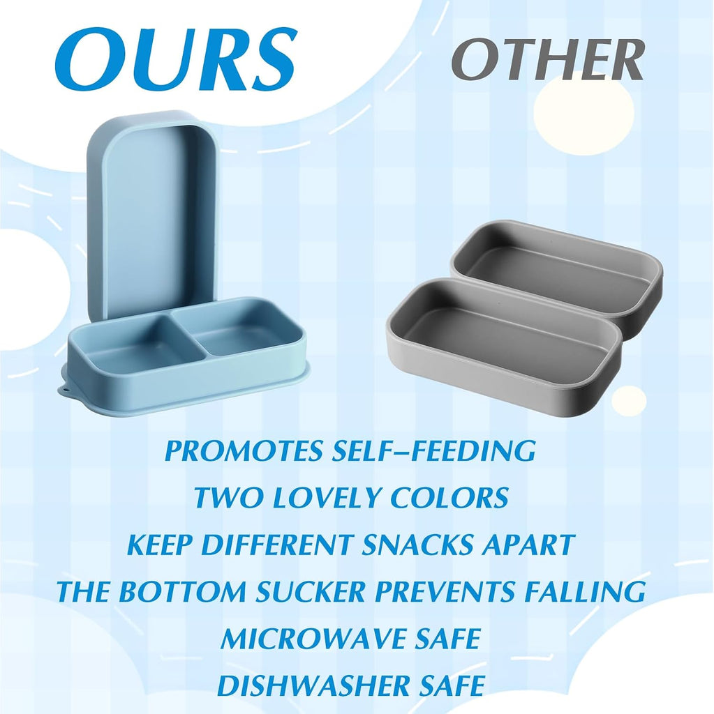 2 Pack Baby Suction Plate Set Silicone Suction Plate with Lid Divided Bowls for Portable Toddler Utensils Compact