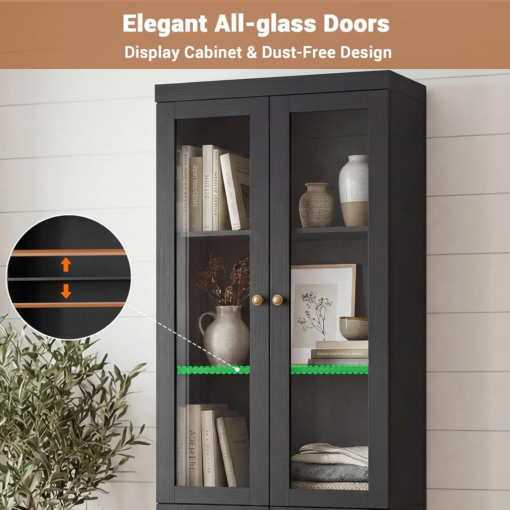 80" Bookshelf with Glass Doors and Adjustable Shelves, Set of 2 | Farmhouse Bookcase with Baseboard Cutout and