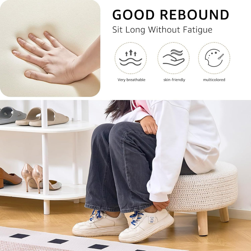 Pouf Ottoman, 100% Cotton Knitted Boho Footstool, Round Footrest with Non-Skid Wood Legs, Home Décor Pouffe, Leisure