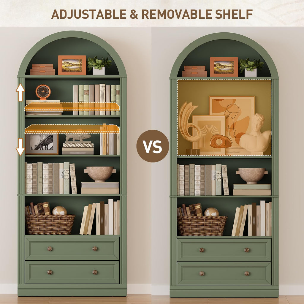 Farmhouse Arched Bookshelf, 7 Tiers Arch Bookcase with 2 Drawers