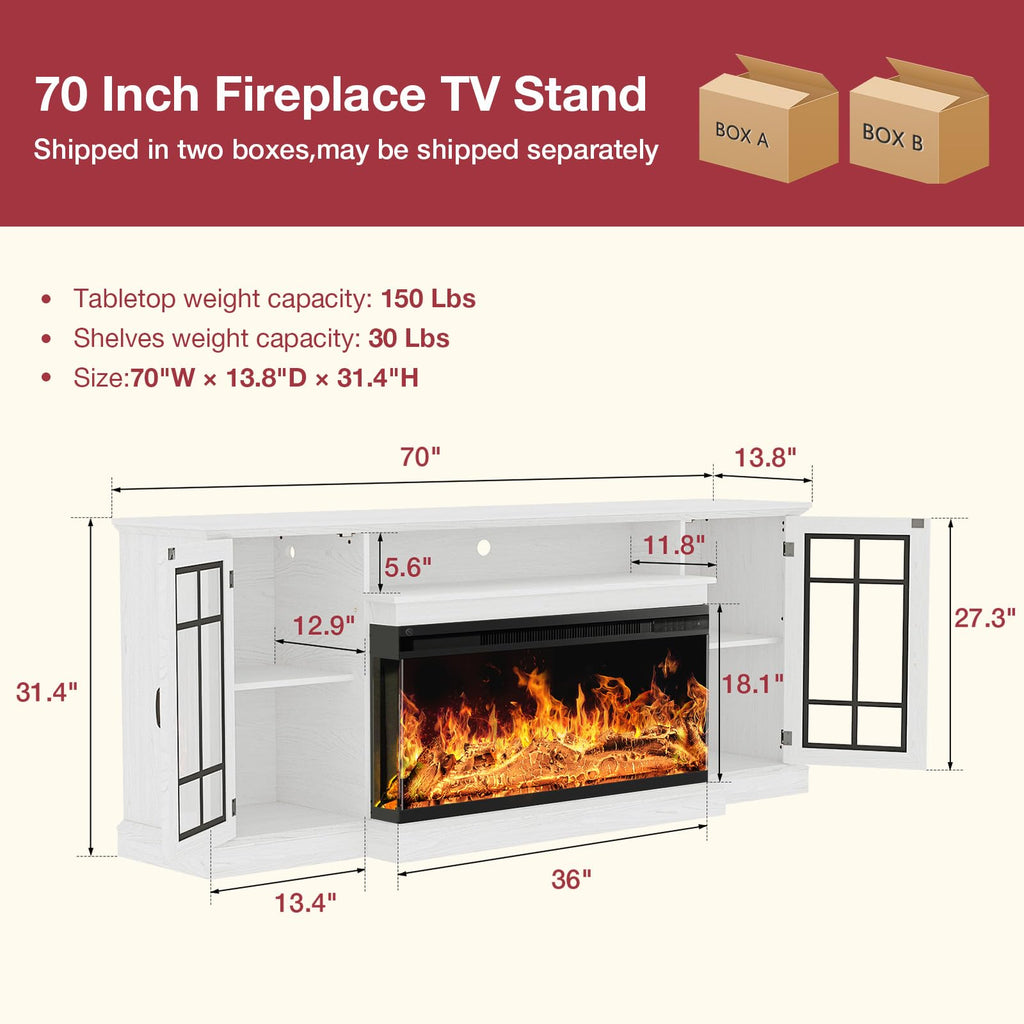 36 Inch 3-Sided Glass Fireplace TV Stand for TVs up to 80", Rustic Media Entertainment Center Console Table with