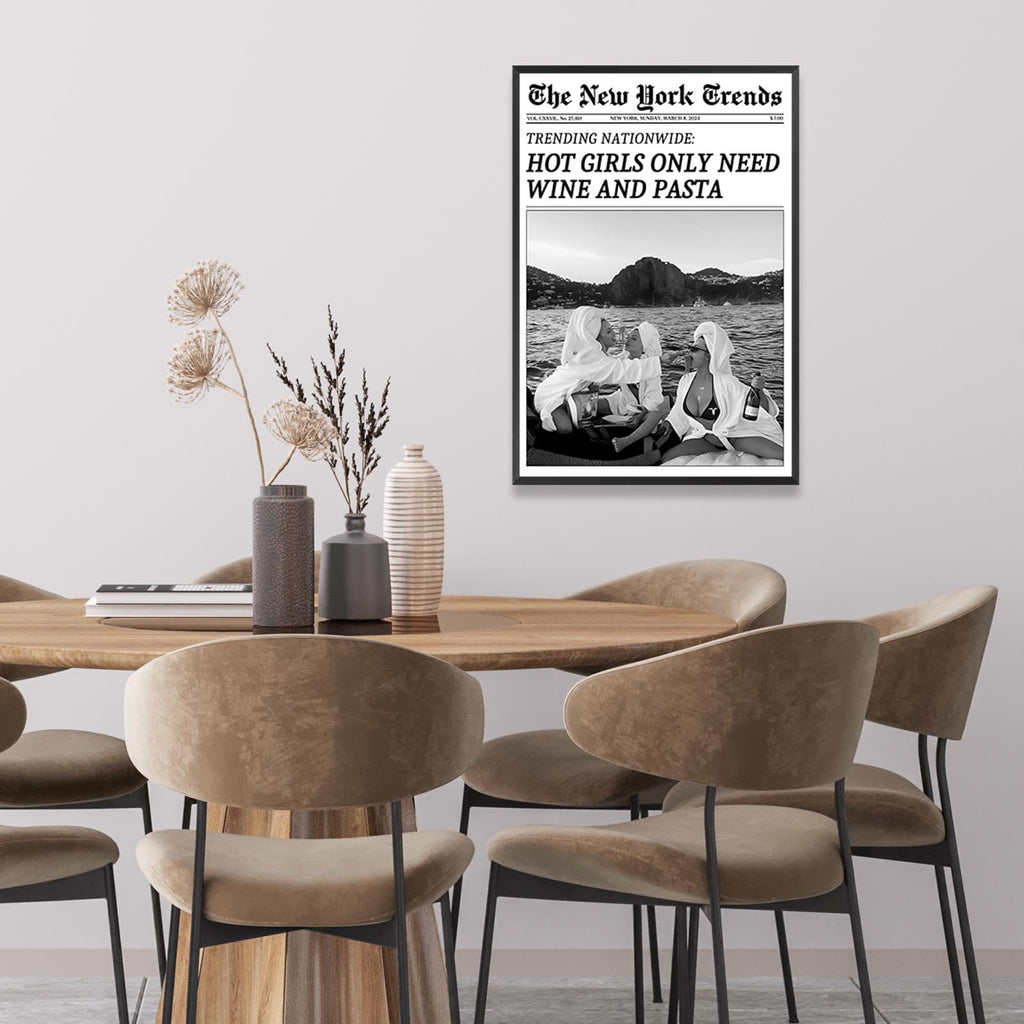 Vintage Trendy Black And White Newspaper Print Poster Retro Times Canvas Wall Art Funky Hot Girls Eating Pasta Prints