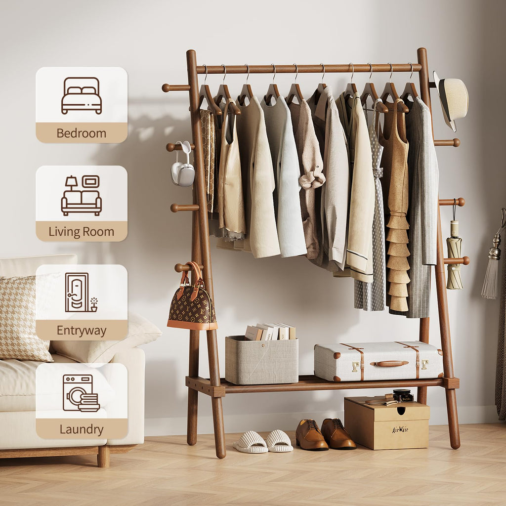 Solid Wood Clothes Rack - Heavy Duty Clothing Racks for Hanging Clothes with 8 Hooks, Portable Garment Rack for Dress