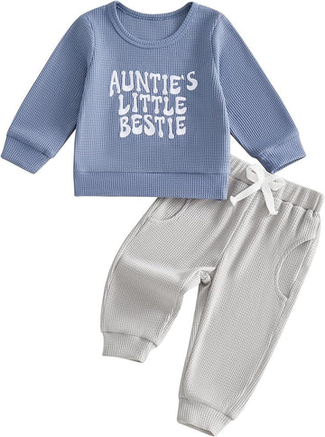 Aunties Bestie Baby Outfit Toddler Boy Long Sleeve Pullover Tops and Waffle Pants Set 2Pcs Infant Fall Winter Clothes
