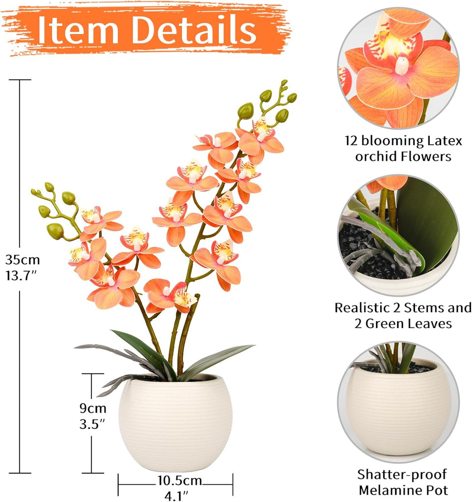 Orange Artificial Orchid Flower Potted in White Pot for Fall Decor - Set of 2