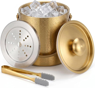 3L Gold Ice Bucket with Lid & Tong, Double Wall Wine Chiller