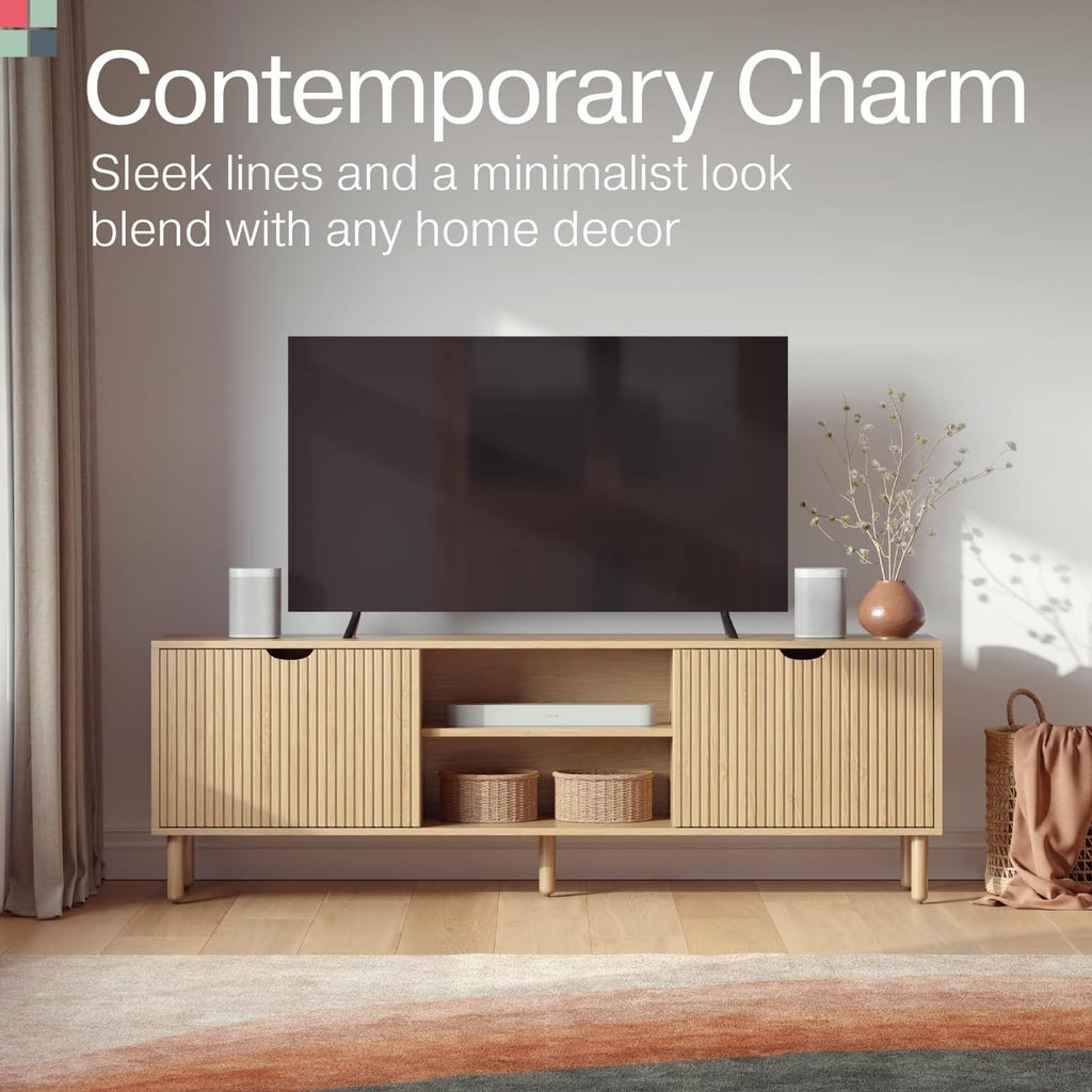 Contemporary Fluted TV Stand, 70 Inches TV Media Console, Supports 32 to 80" TVs, Media Console Cabinet s, Soft-Close