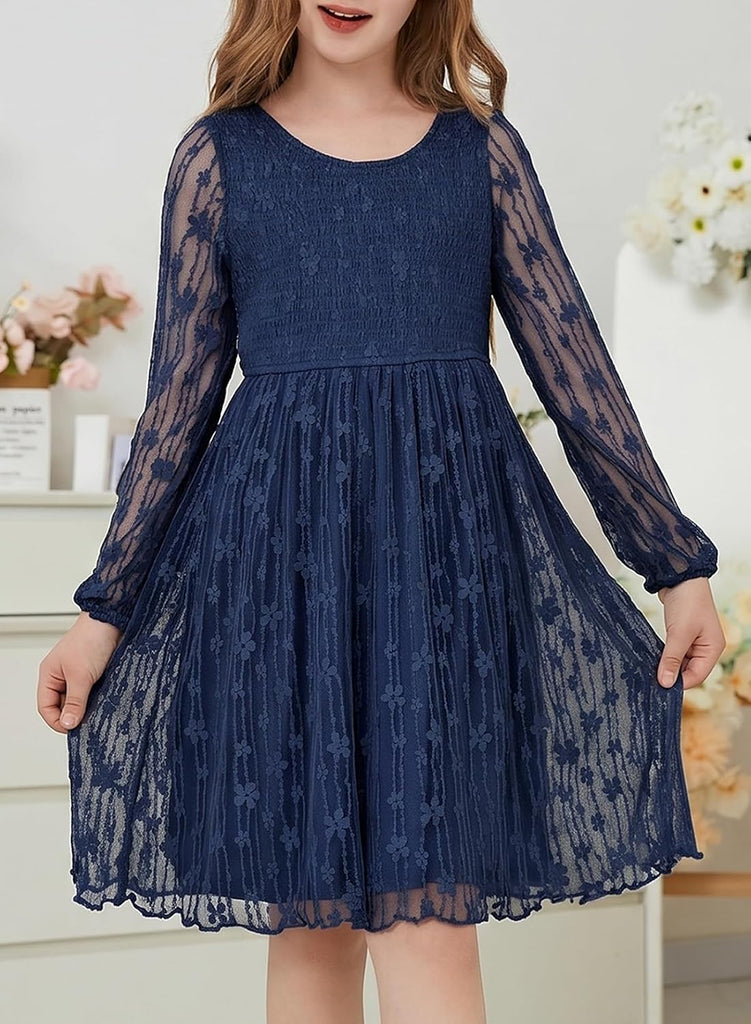 Girls Fall Long Sleeve Lace Dresses Semi Formal Party
