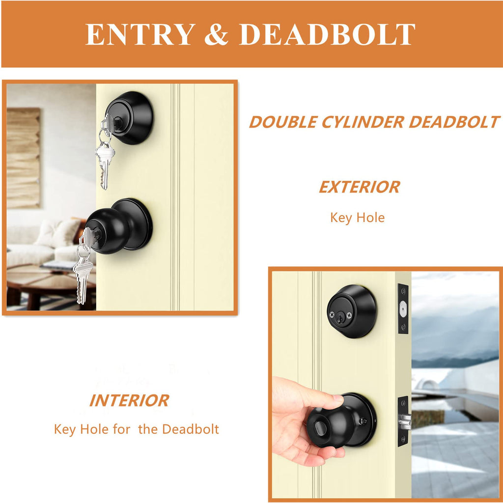 5 Pack Black Entry Door Knob and Double Cylinder Deadbolt Combo Pack, Keyed Alike Lock Set