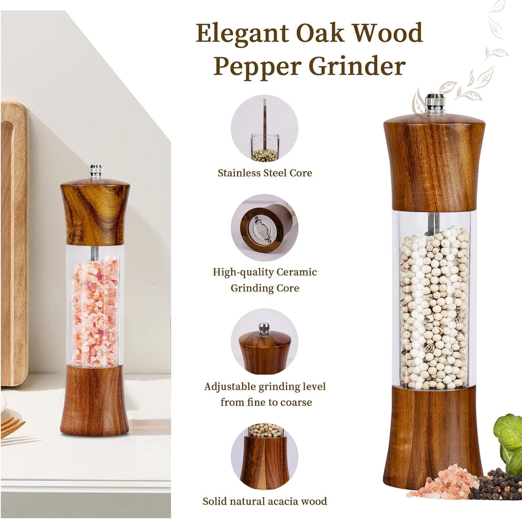 Acacia Wood Premium Acrylic Salt and Pepper Grinder Set 8 Inches - Set of 2