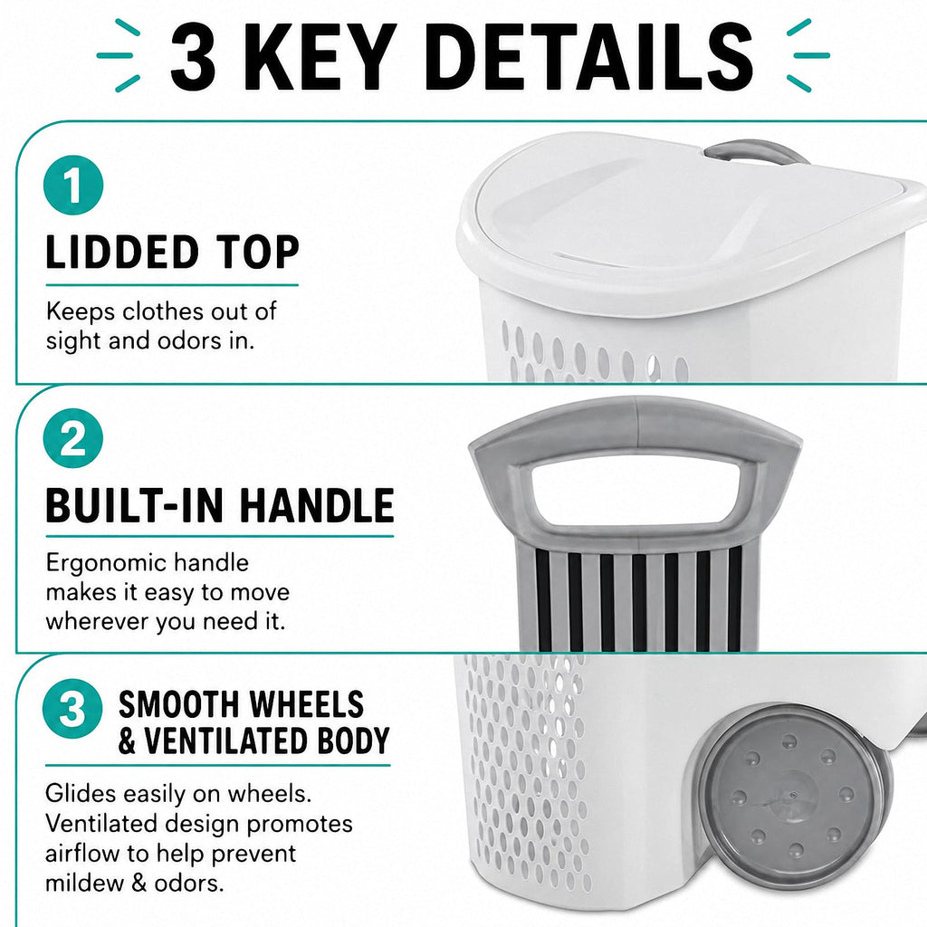 Rolling Laundry Hamper with Wheels & Handle, Plastic Basket with Lid, 135L