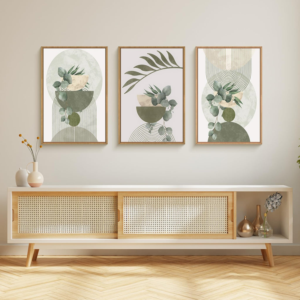 Sage Green Plant Canvas Wall Art Set 3, Abstract Geometric Line Botanical Framed Prints, Beige Minimalist Boho Leaf
