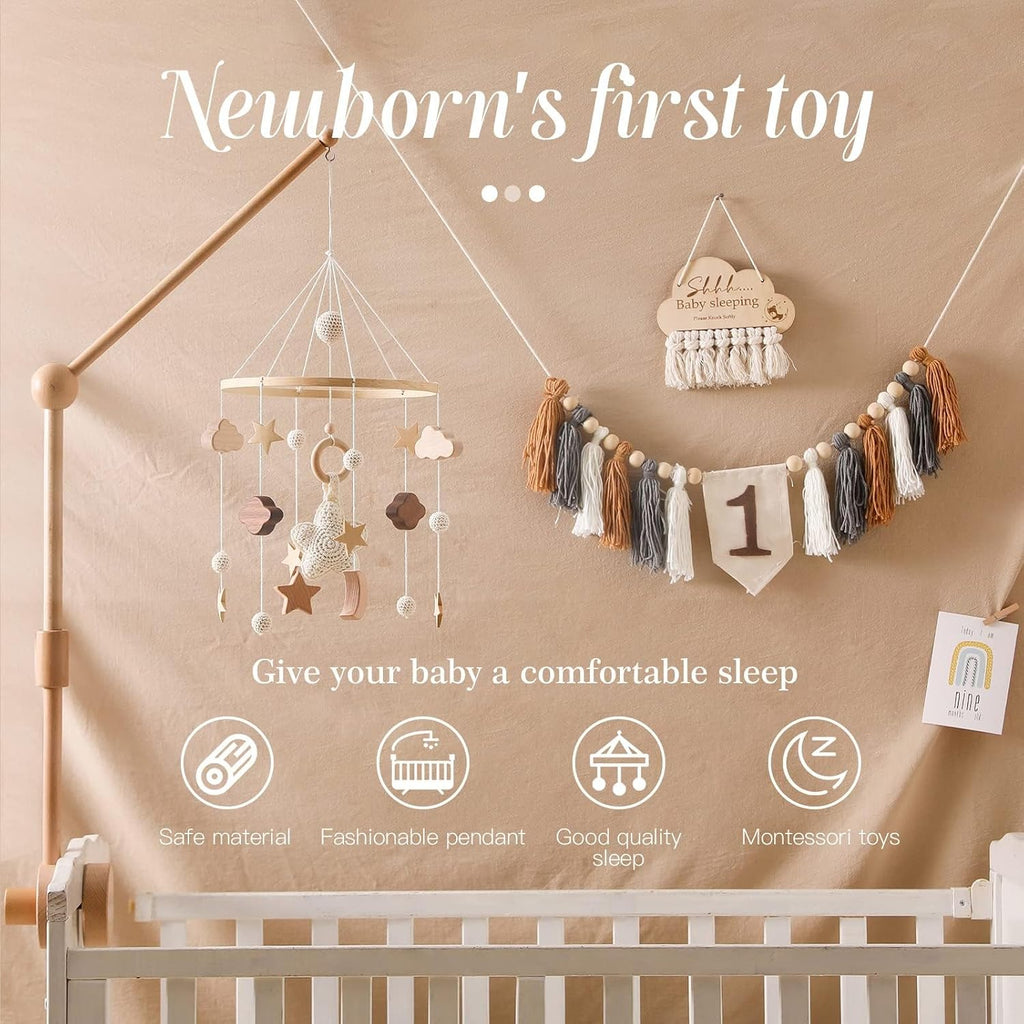 Boho Baby Crib Mobile for Boys and Girls, Stars, Clouds, Moon