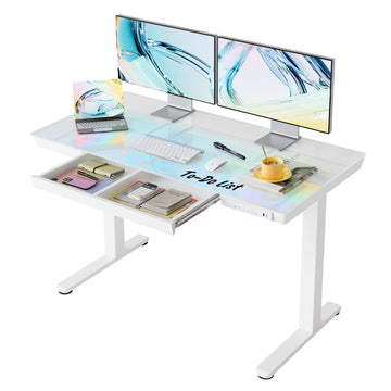 Glass Standing Desk with Drawers, 48 X 24 Inch Electric Adjustable Height Desk, Quick Install One-Piece Tabletop with