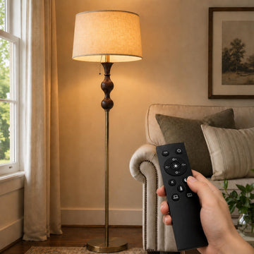 Wood & Brushed Floor Lamp with Pull Chain Switch & Remote Control, Sculptural Standing Lamp, Dimmable 3 Color