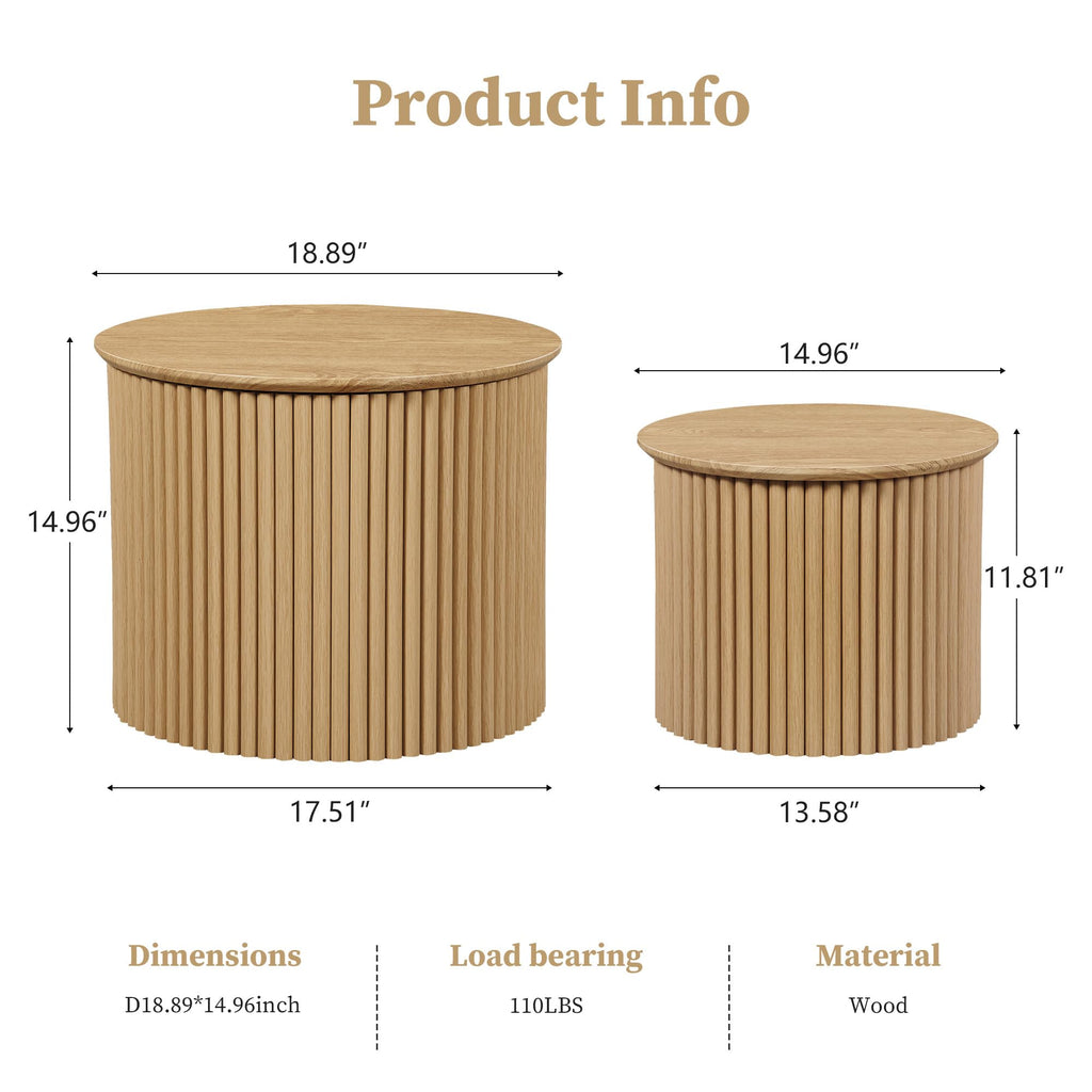 Round Nesting Coffee Table Set of 2, Small Fluted Coffee Table Circle Side Table, Boho Modern Wood Nesting Tables
