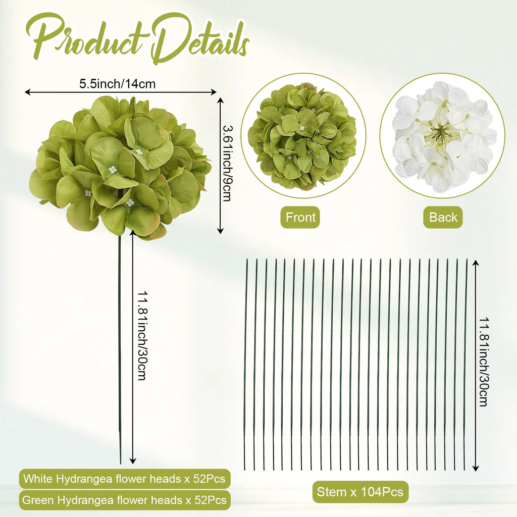 Green White Artificial Flower Silk Hydrangeas Bulk 104 PCS