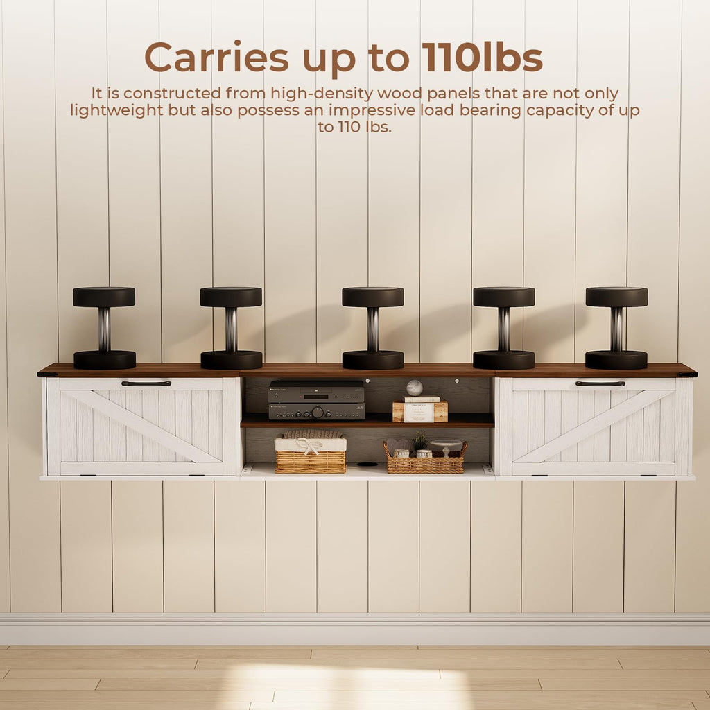 70" Farmhouse Floating TV Stand with Filp Doors for TVs up to 90", White