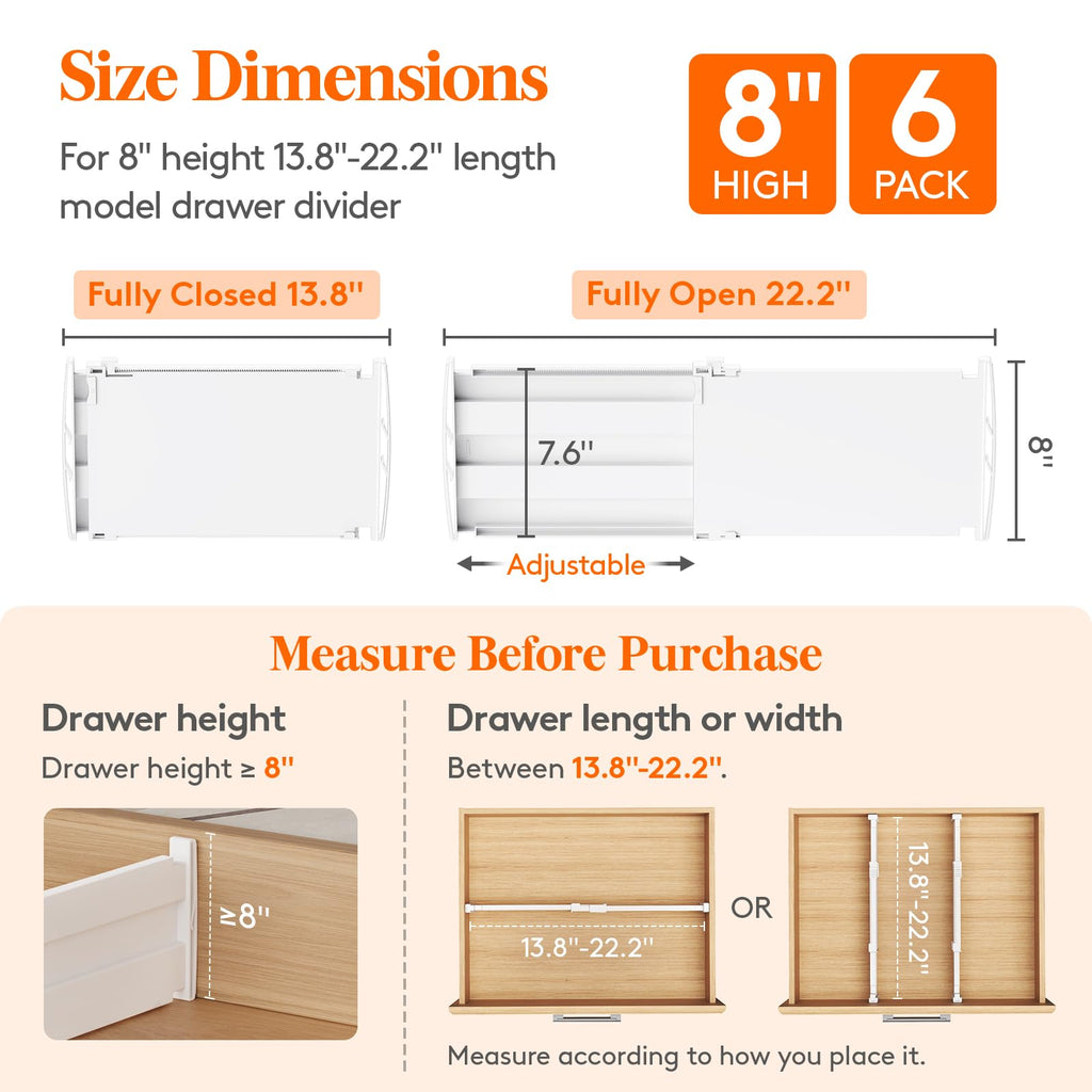 8" Tall Drawer Dividers, Adjustable Deep Drawer Organizer Clothes