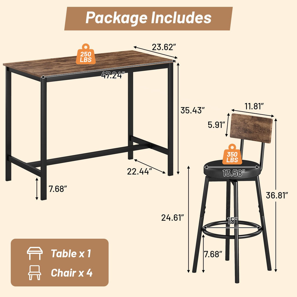 5-Piece Dining Table Set, Bar Table Set for 4, Kitchen Table and Chairs, Counter Height High Top Table with 4 PU